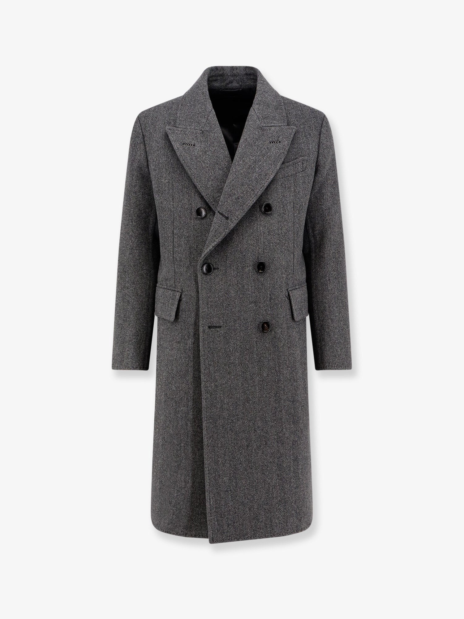 Double-breasted wool coat with herringbone motif