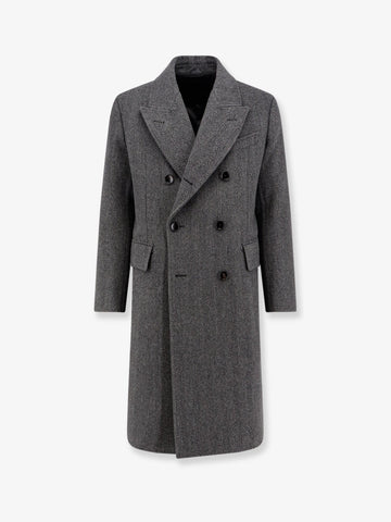 Double-breasted wool coat with herringbone motif