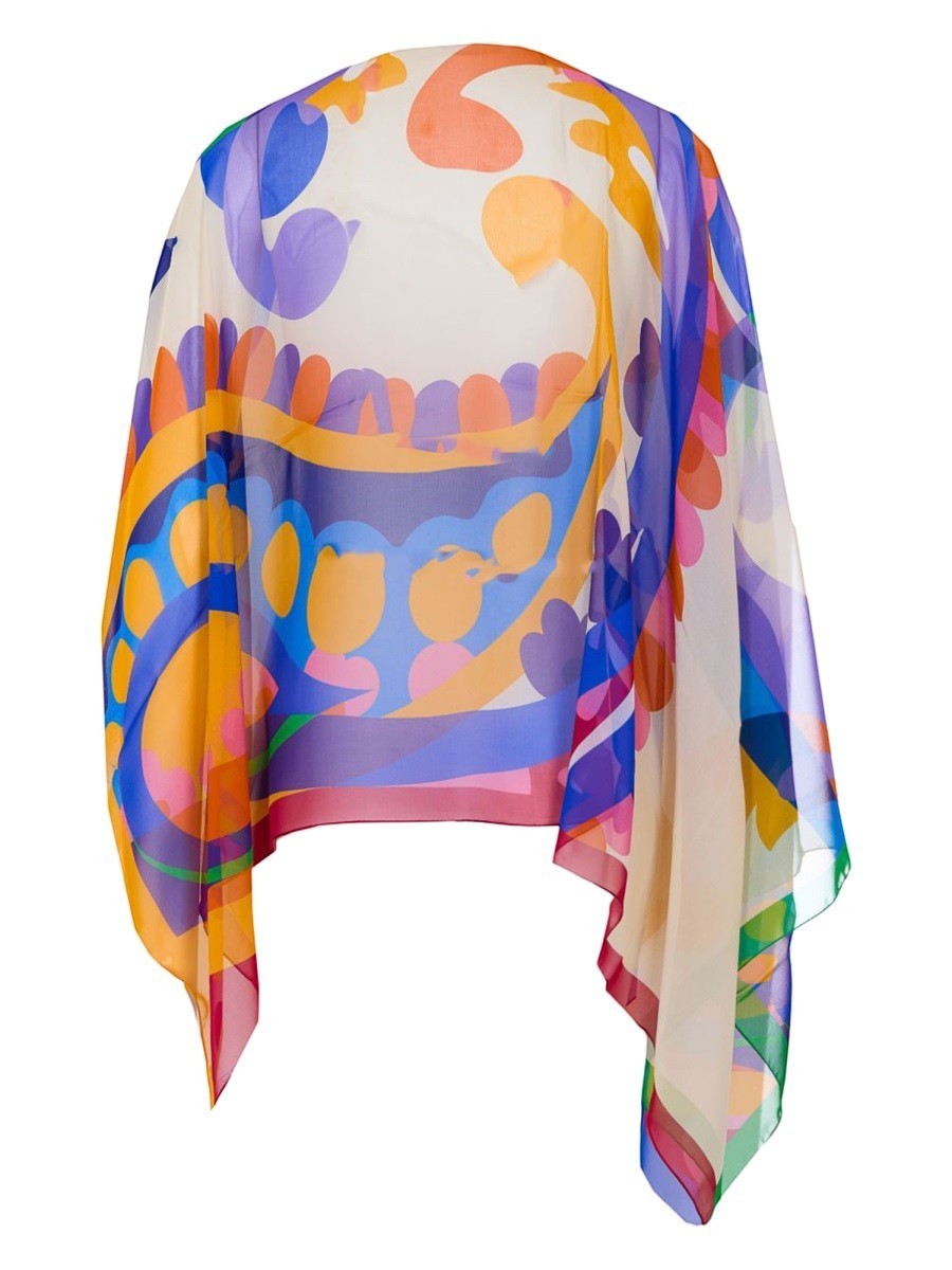 Etro sheer multicolor poncho showing the draped back silhouette, wide asymmetric sleeves and layered paisley motif in blue, orange, pink and green.