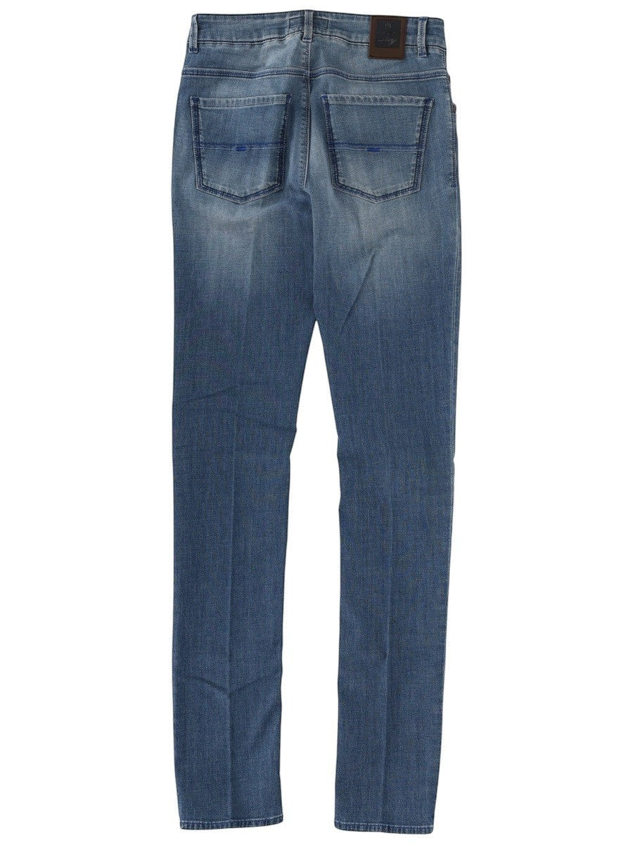 Back view of the Fay blue slim fit jeans with faded denim wash, rear patch pockets, belt loops and branded leather patch.