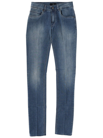 Fay blue slim fit jeans with faded denim wash, five-pocket design, belt loops, button closure and straight-leg silhouette.