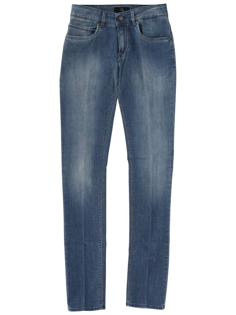 Fay blue slim fit jeans with faded denim wash, five-pocket design, belt loops, button closure and straight-leg silhouette.
