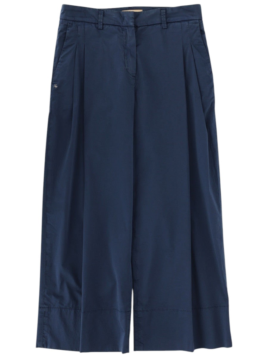 Fay navy wide-leg tailored trousers with front pleats, belt loops, side pockets, concealed closure and cropped hem.