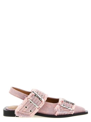 GANNI - 'Feminine Buckle Fringed Denim' slingback feminine-buckle-fringed-denim-slingback