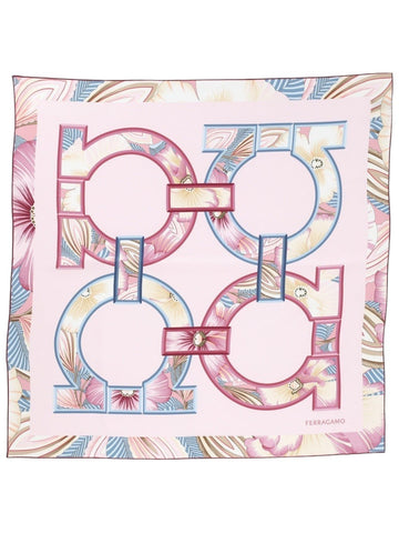 FERRAGAMO - Floral Gancini Print Scarf - Pink ferragamo-floral-gancini-print-scarf-pink-full-view-jpg
