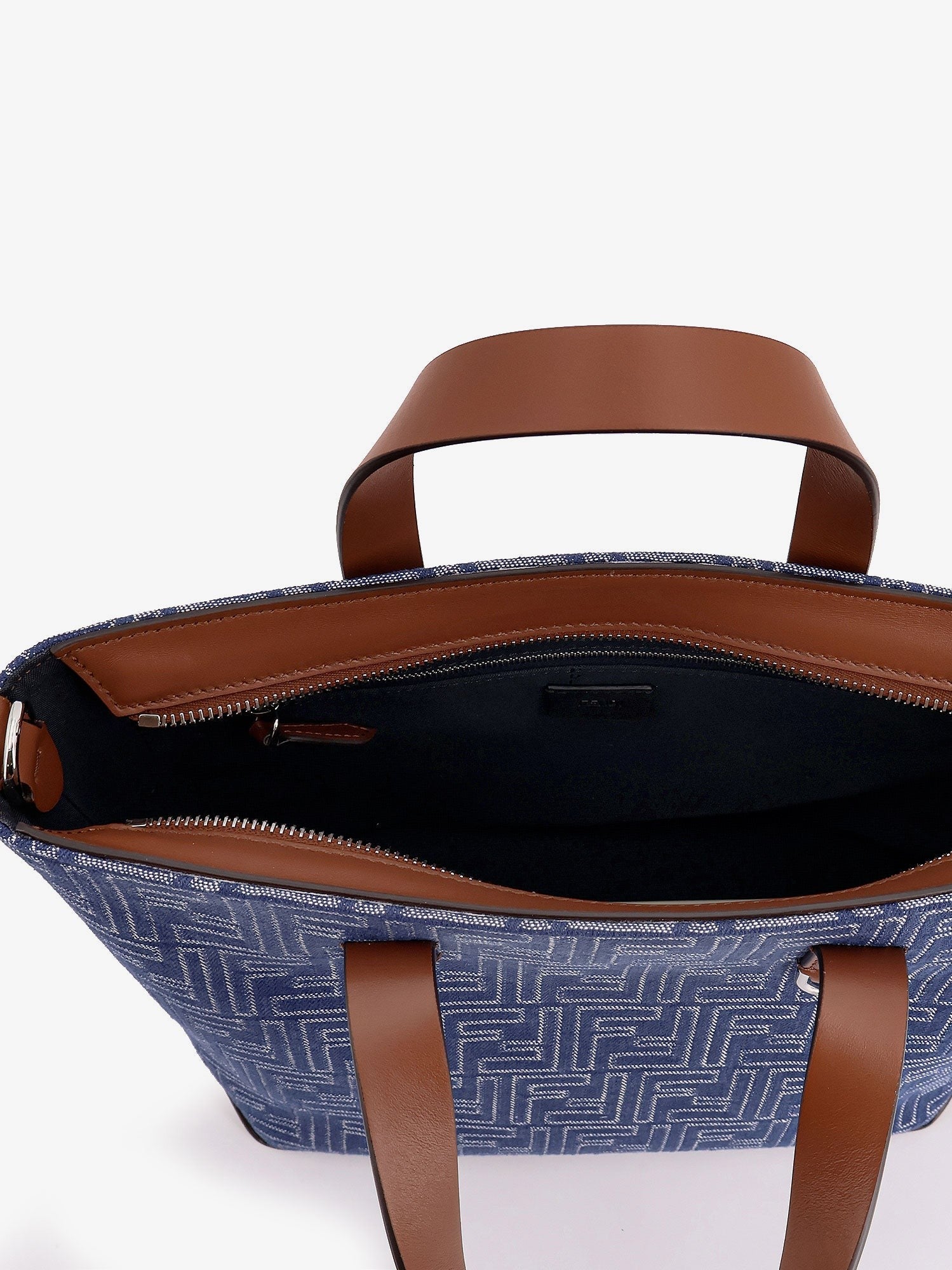 FF jacquard fabric and leather shopping bag