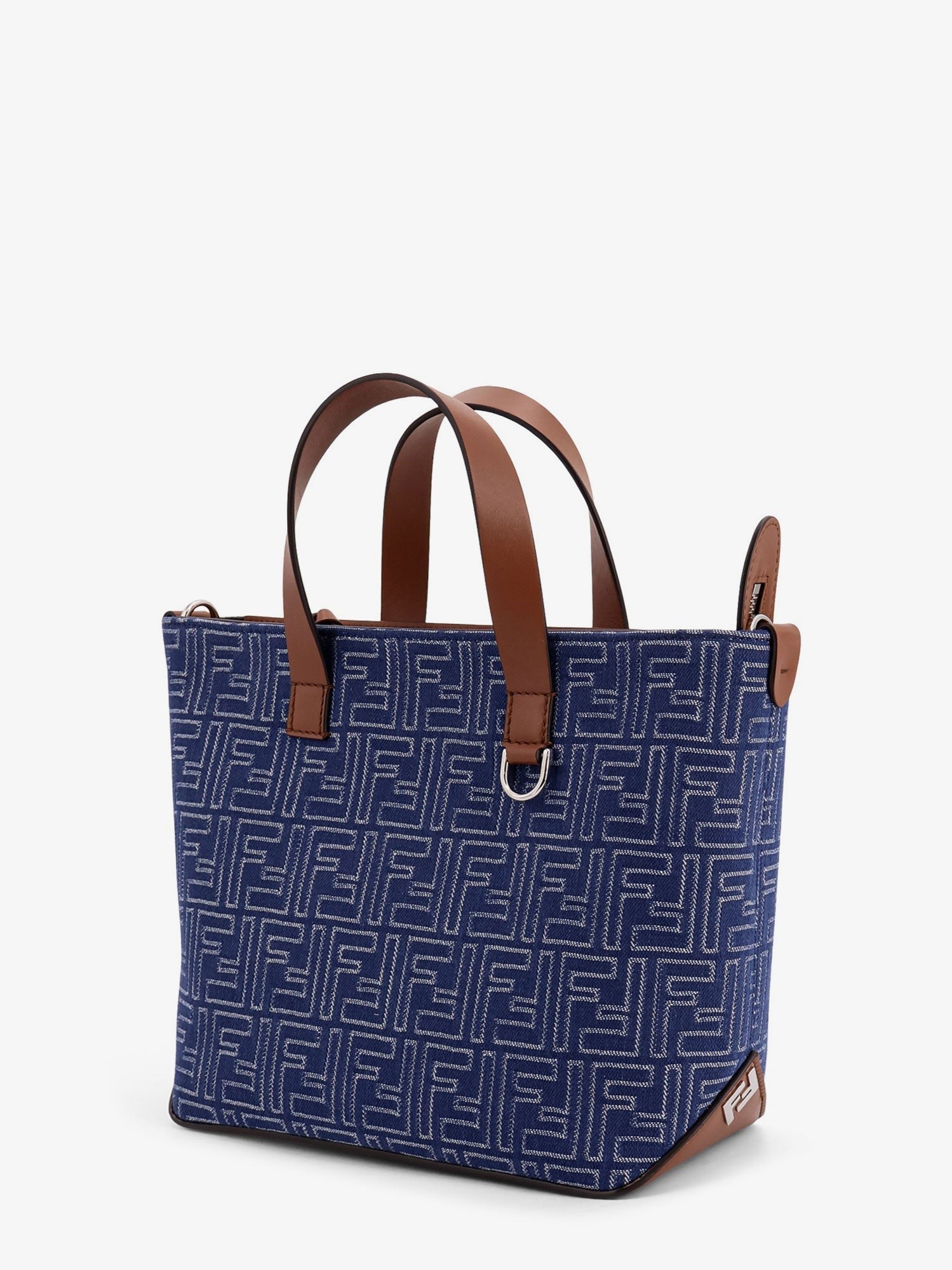 FF jacquard fabric and leather shopping bag