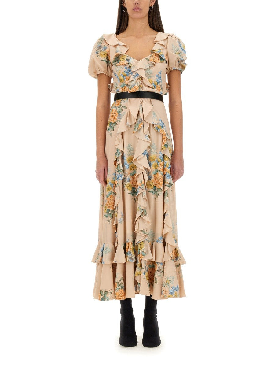 FLORAL PRINT RUCHED SILK DRESS
