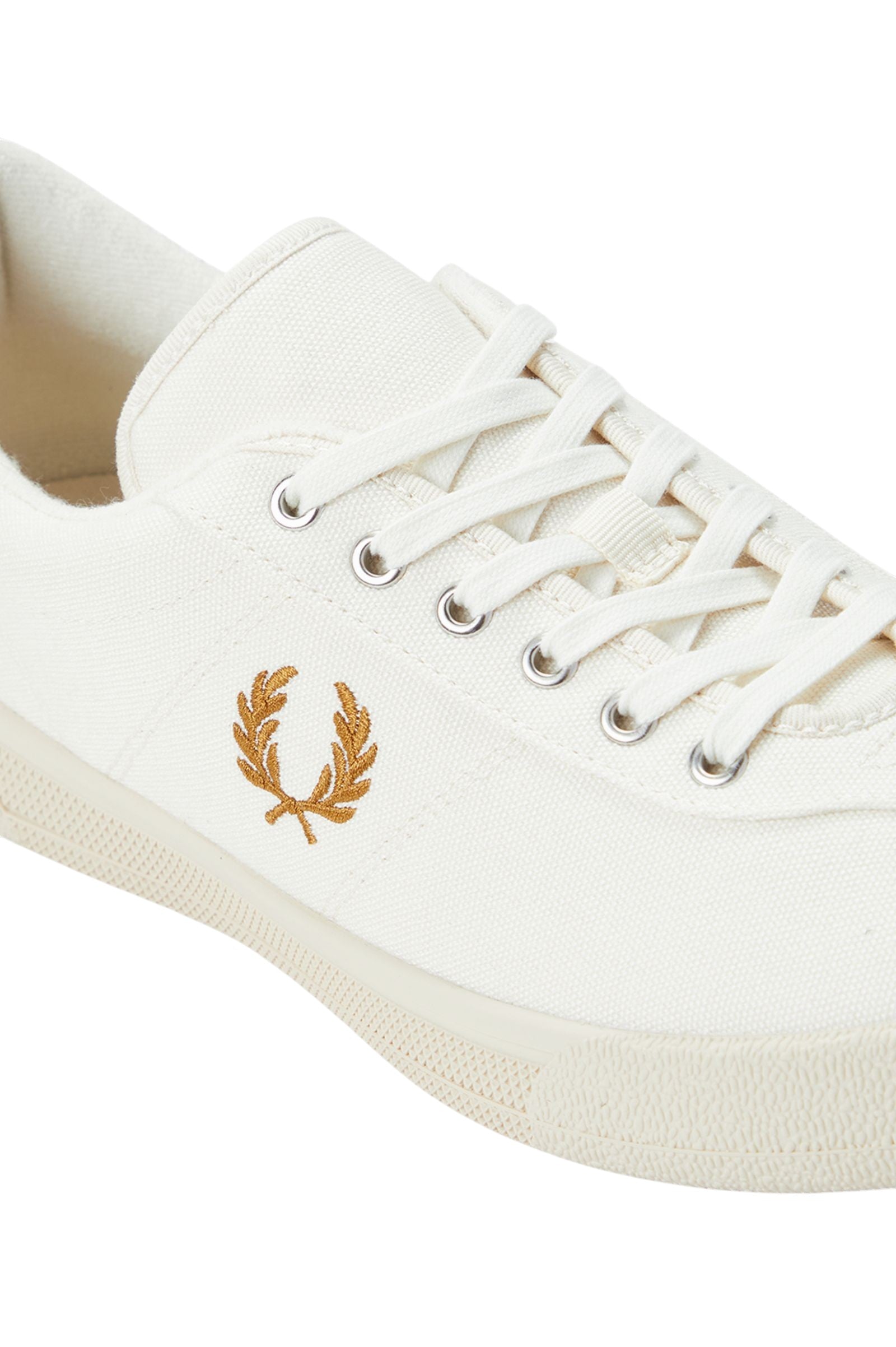 Side profile of Fred Perry FP Tennis Shoe Poly Canvas in ecru with embroidered laurel wreath logo and vulcanised rubber sole.