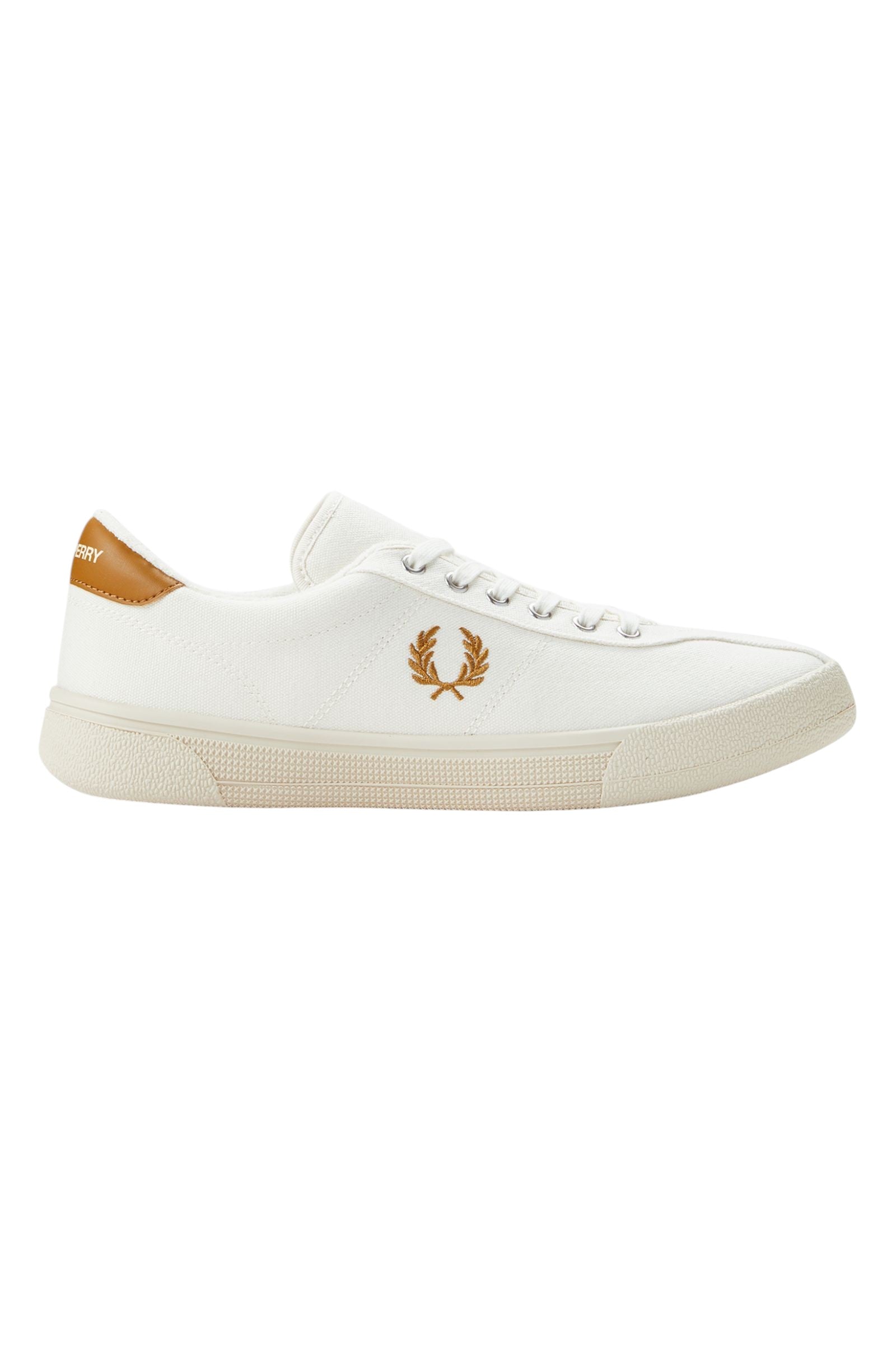 Side profile of Fred Perry FP Tennis Shoe Poly Canvas in ecru with embroidered laurel wreath logo and vulcanised rubber sole.