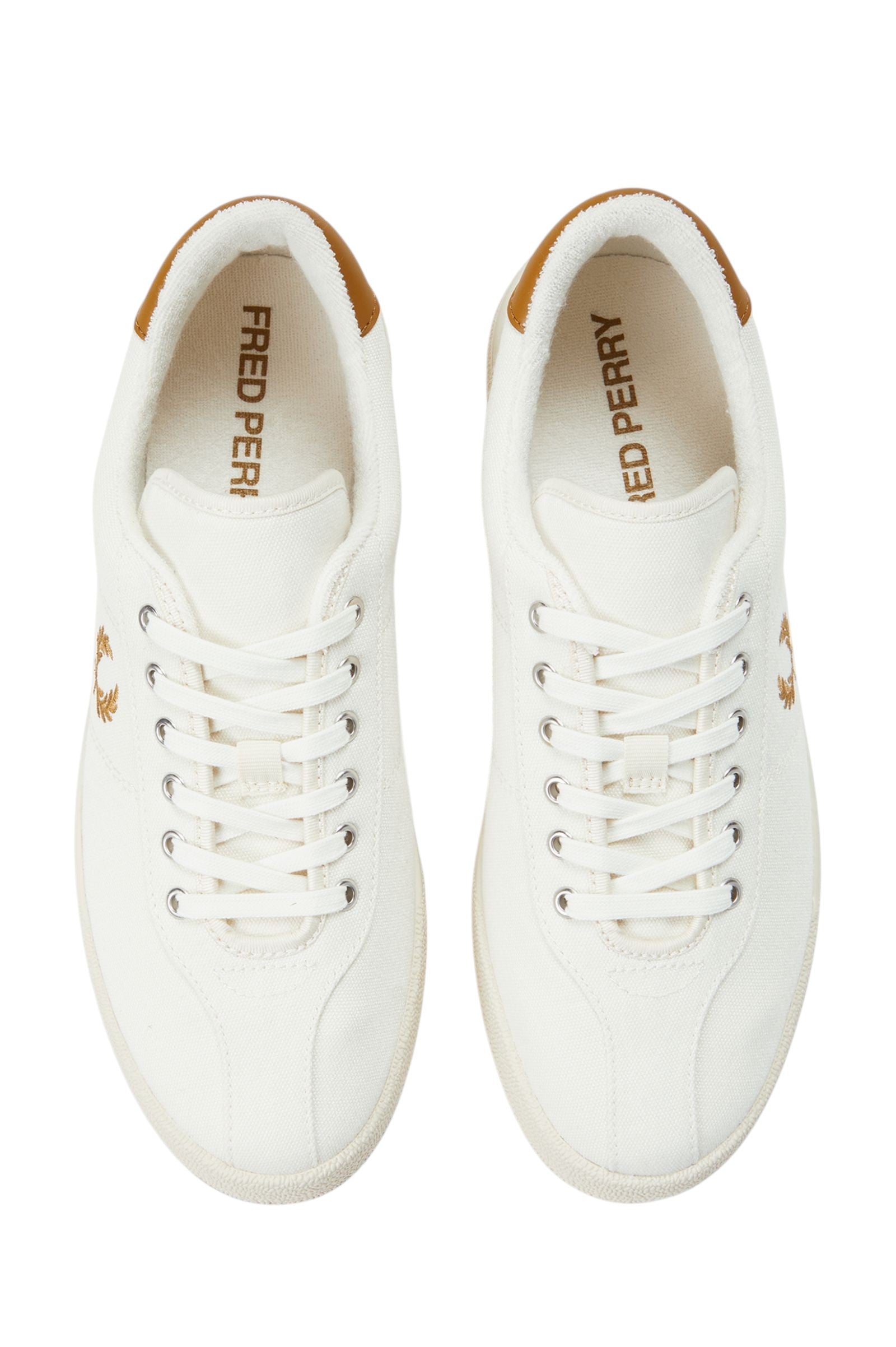 Top view of Fred Perry FP Tennis Shoe Poly Canvas in ecru with lace-up closure, metal eyelets and canvas upper.