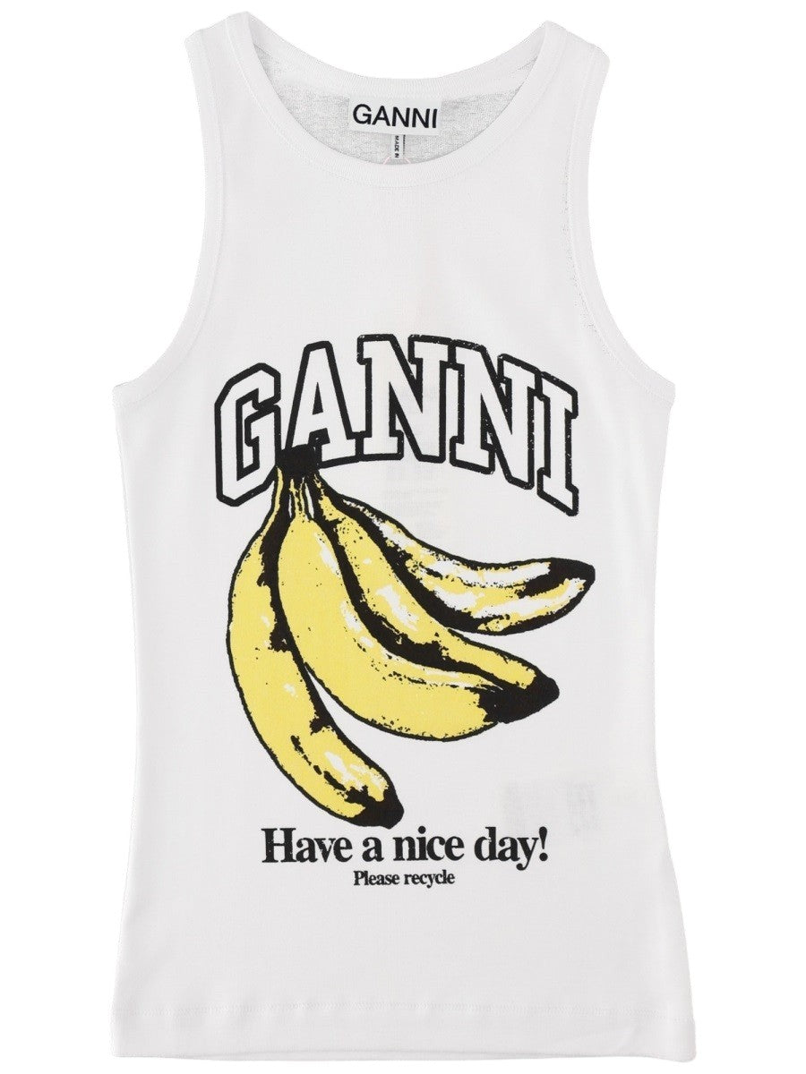 Front view of GANNI white tank top with bold banana graphic print and logo lettering