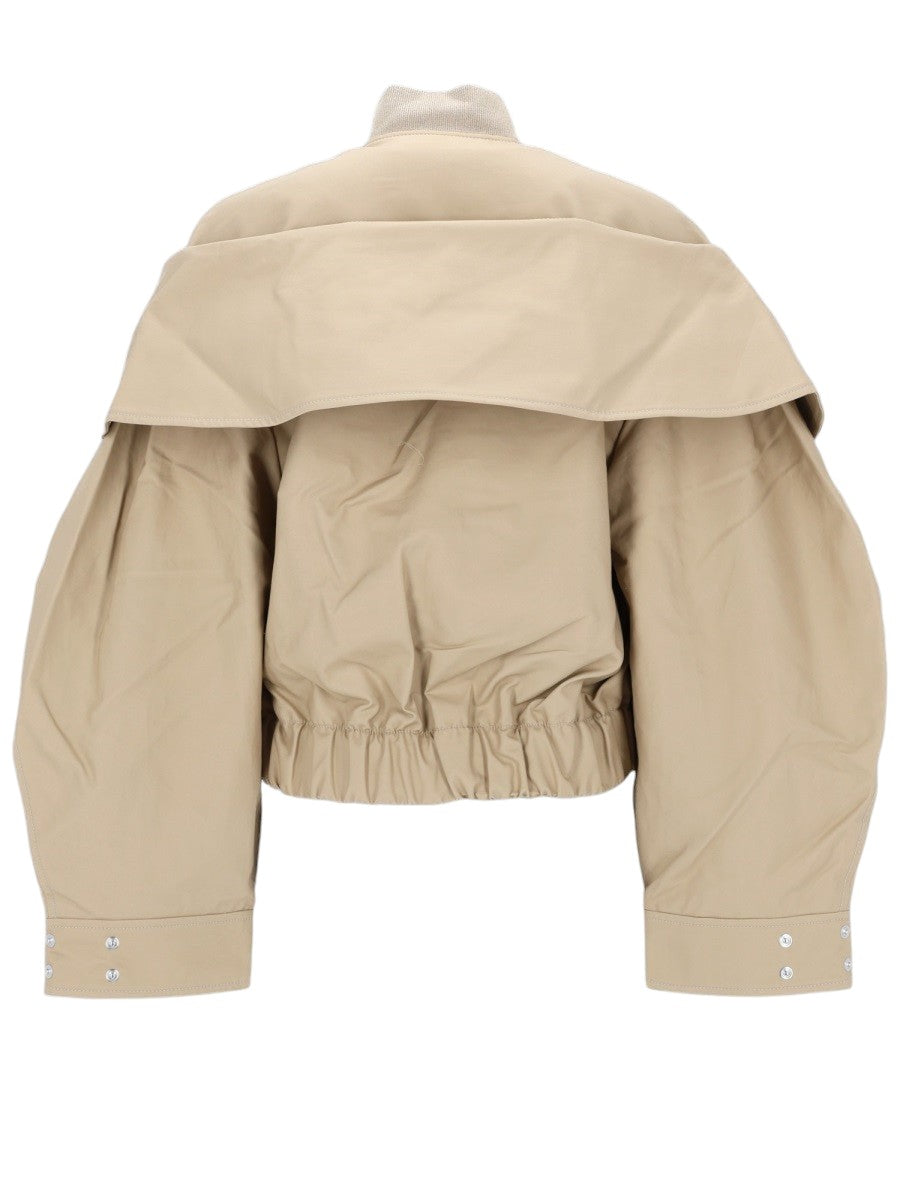 GANNI - Cotton Bomber Jacket - Beige ganni-beige-cotton-cropped-bomber-jacket-front-jpg