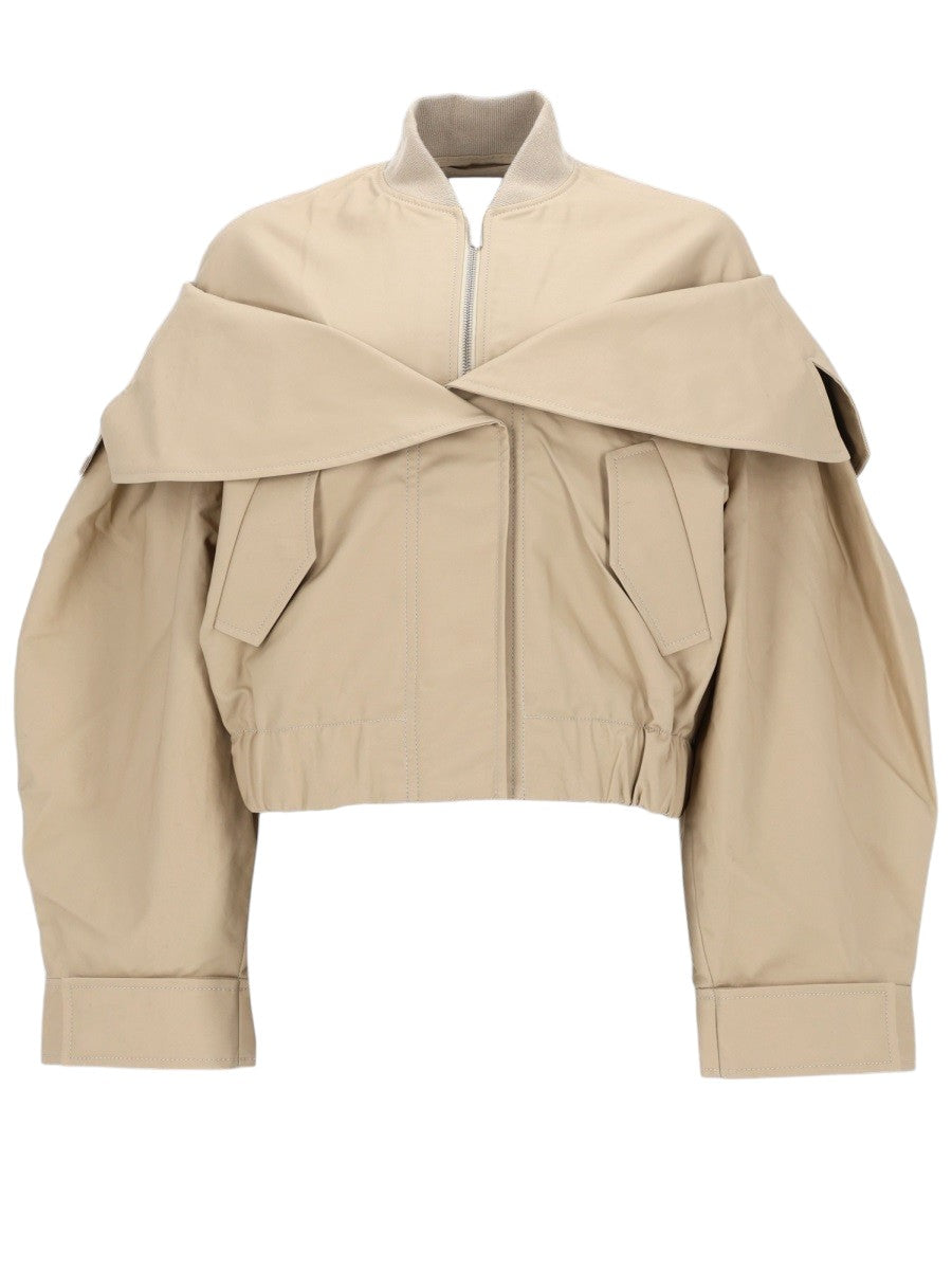 GANNI - Cotton Bomber Jacket - Beige ganni-beige-cotton-cropped-bomber-jacket-front-jpg