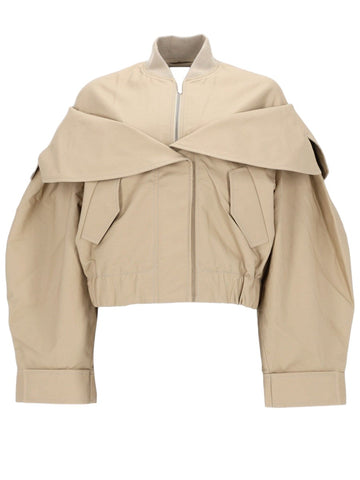 GANNI - Cotton Bomber Jacket - Beige ganni-beige-cotton-cropped-bomber-jacket-front-jpg