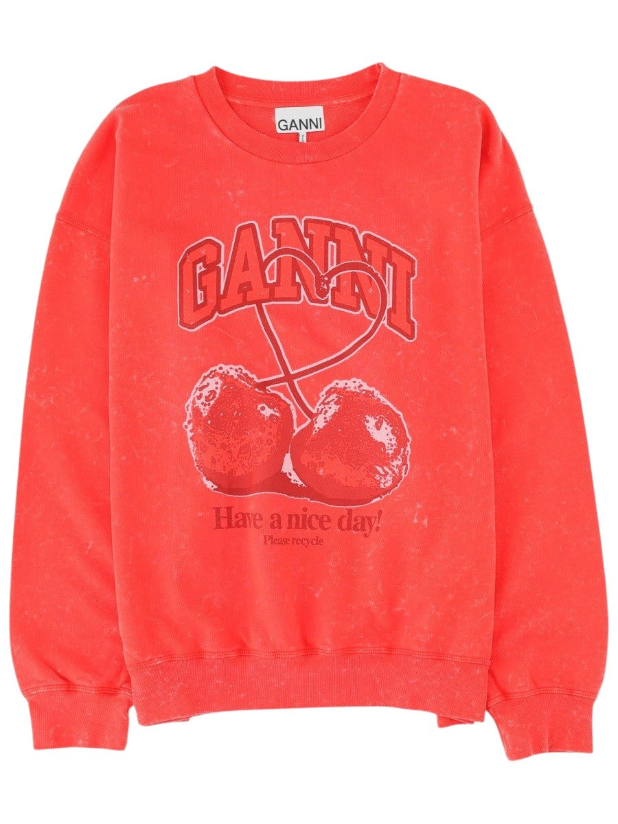GANNI - Cherry Print Sweatshirt - Bright Coral ganni-cherry-print-sweatshirt-bright-coral-front-jpg