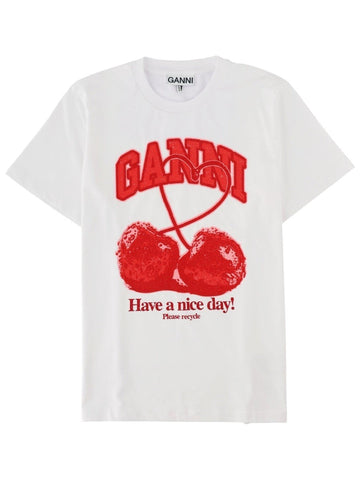 White GANNI cotton T-shirt featuring a bold red cherry print and varsity-style logo on the chest