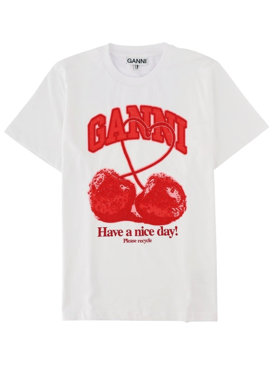 White GANNI cotton T-shirt featuring a bold red cherry print and varsity-style logo on the chest
