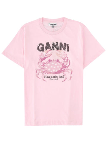 Front view of the GANNI Crab Print T-Shirt in pink cotton with distressed logo lettering and crab artwork.
