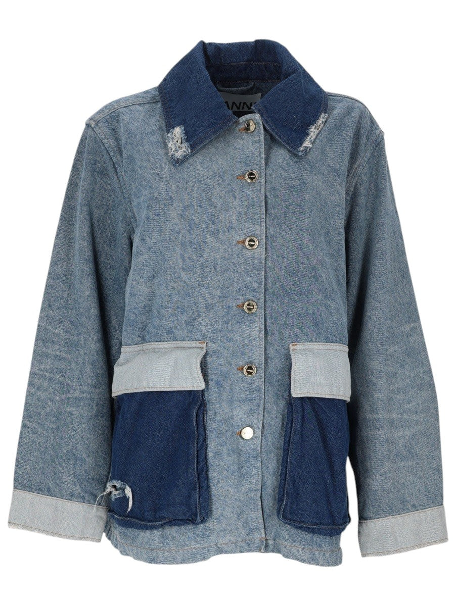 GANNI - Patchwork Denim Jacket - Blue ganni-patchwork-denim-jacket-blue-front-jpg