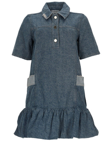 GANNI Patchwork Denim Mini Dress in blue, front view with short sleeves, buttoned polo collar, side patch pockets and gathered ruffle hem.