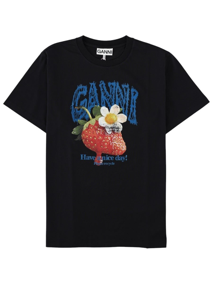 Front view of GANNI black T-shirt with strawberry and daisy graphic print