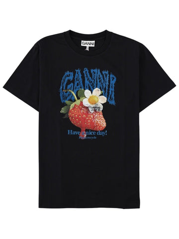 Front view of GANNI black T-shirt with strawberry and daisy graphic print