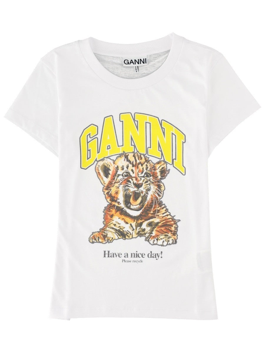 Front view of the GANNI Tiger Graphic T-Shirt in white featuring a bold yellow GANNI logo and roaring tiger graphic print.