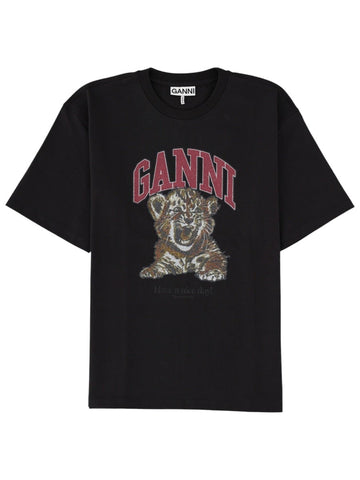 Front view of GANNI black cotton T-shirt with red logo lettering, tiger graphic and relaxed short-sleeve cut