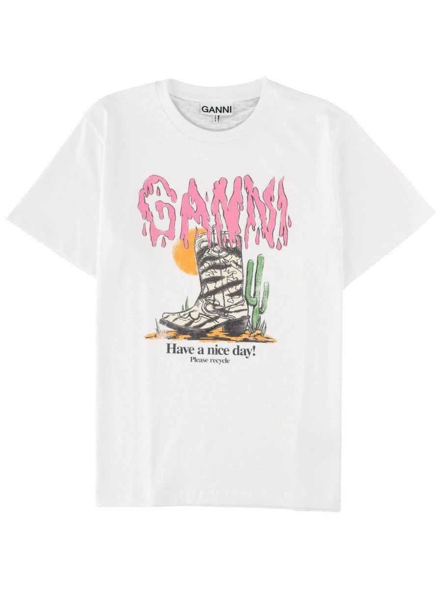 GANNI - Western Zebra Boot T-Shirt - White ganni-western-zebra-boot-t-shirt-white-front-jpg