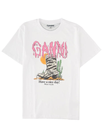 Front view of the GANNI Western Zebra Boot T-Shirt in white with pink logo lettering, cowboy boot artwork and cactus graphic.