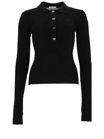 Front view of GANNI black wool knit polo featuring crystal button placket and ribbed texture