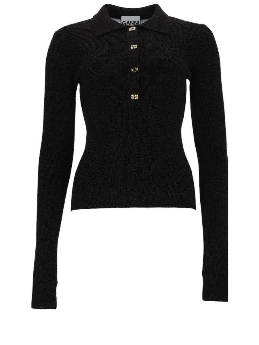 Front view of GANNI black wool knit polo featuring crystal button placket and ribbed texture