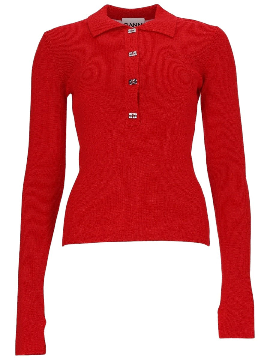 GANNI - Wool Knit Polo - Red ganni-wool-knit-polo-red-front-jpg