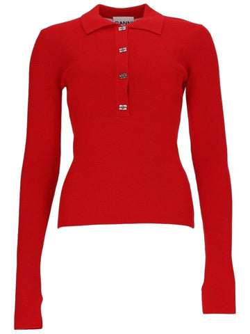 GANNI - Wool Knit Polo - Red ganni-wool-knit-polo-red-front-jpg