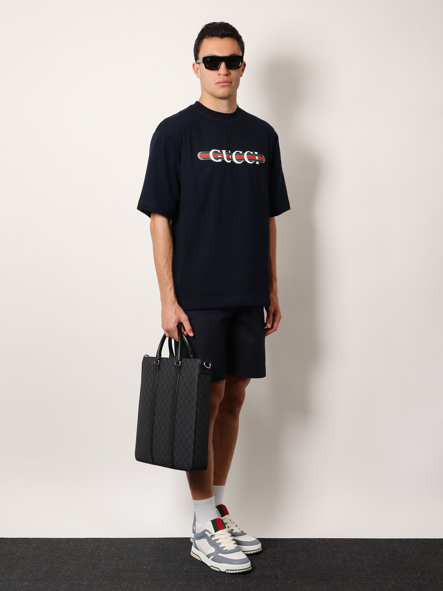 Gg supreme fabric shopping bag with shoulder strap