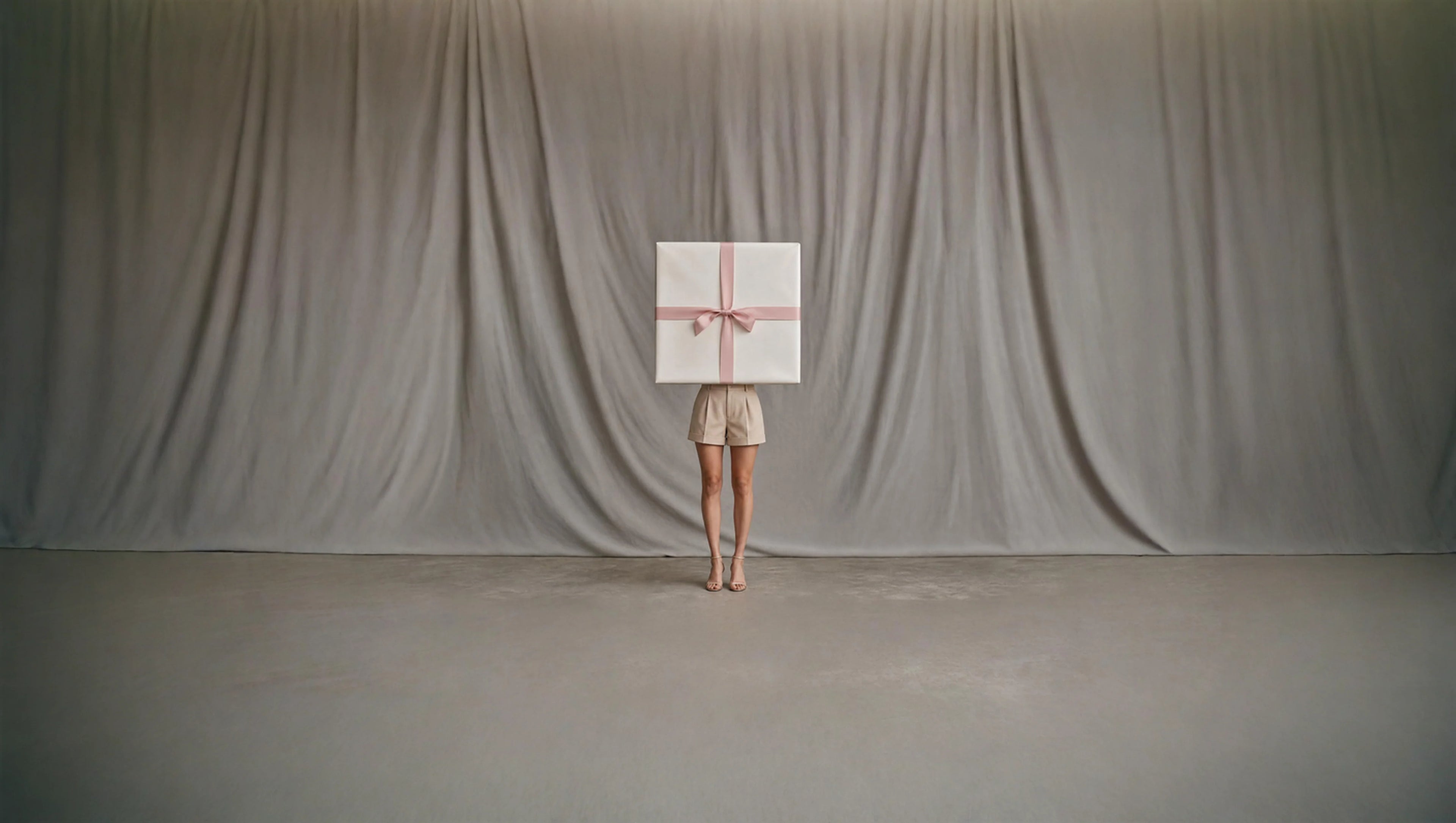 Person holding a wrapped gift box in front of a plain curtain