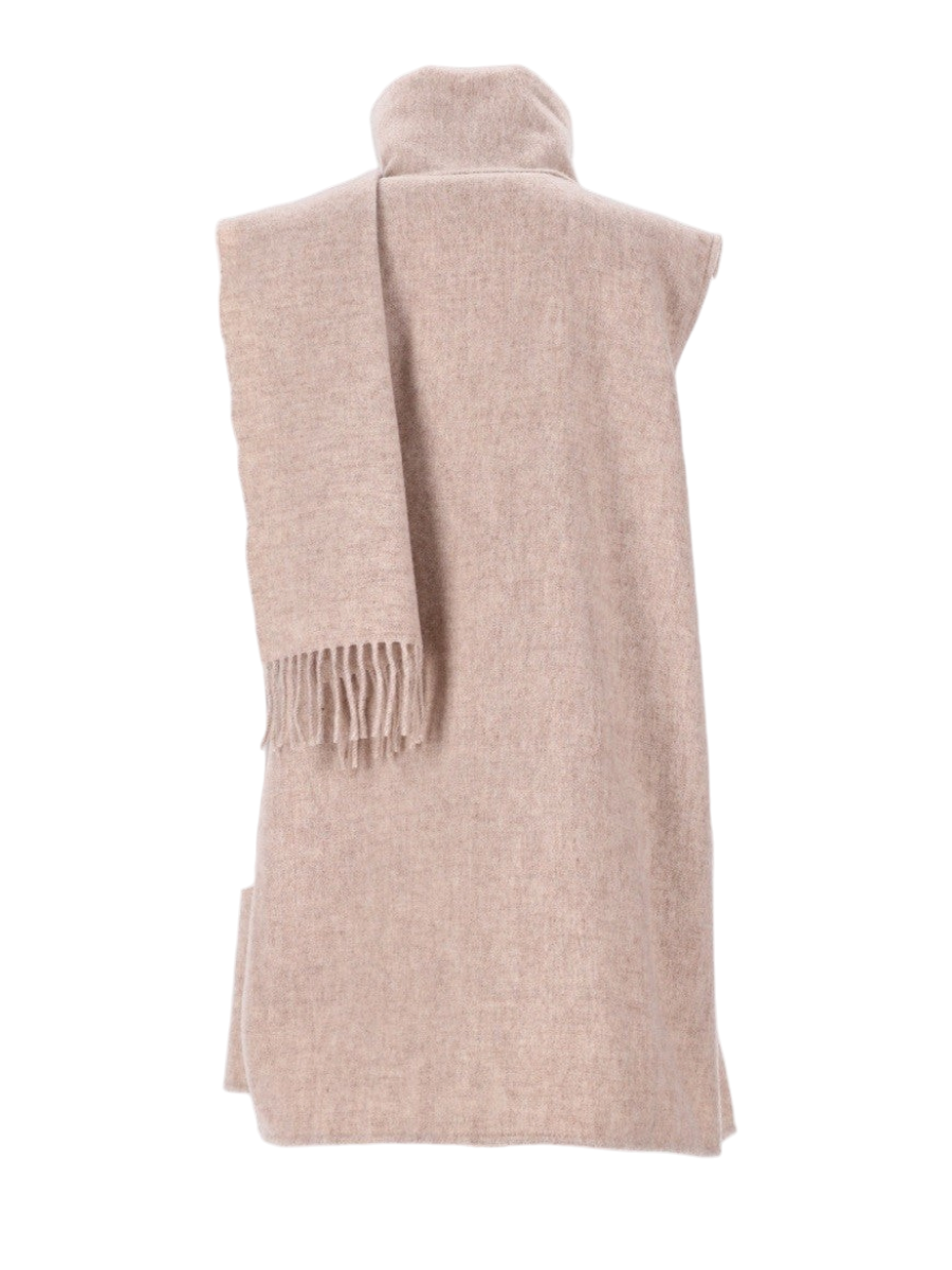 Klosmo Fabiana Filippi beige wool blend gilet with integrated scarf and fringe detail on a mannequin