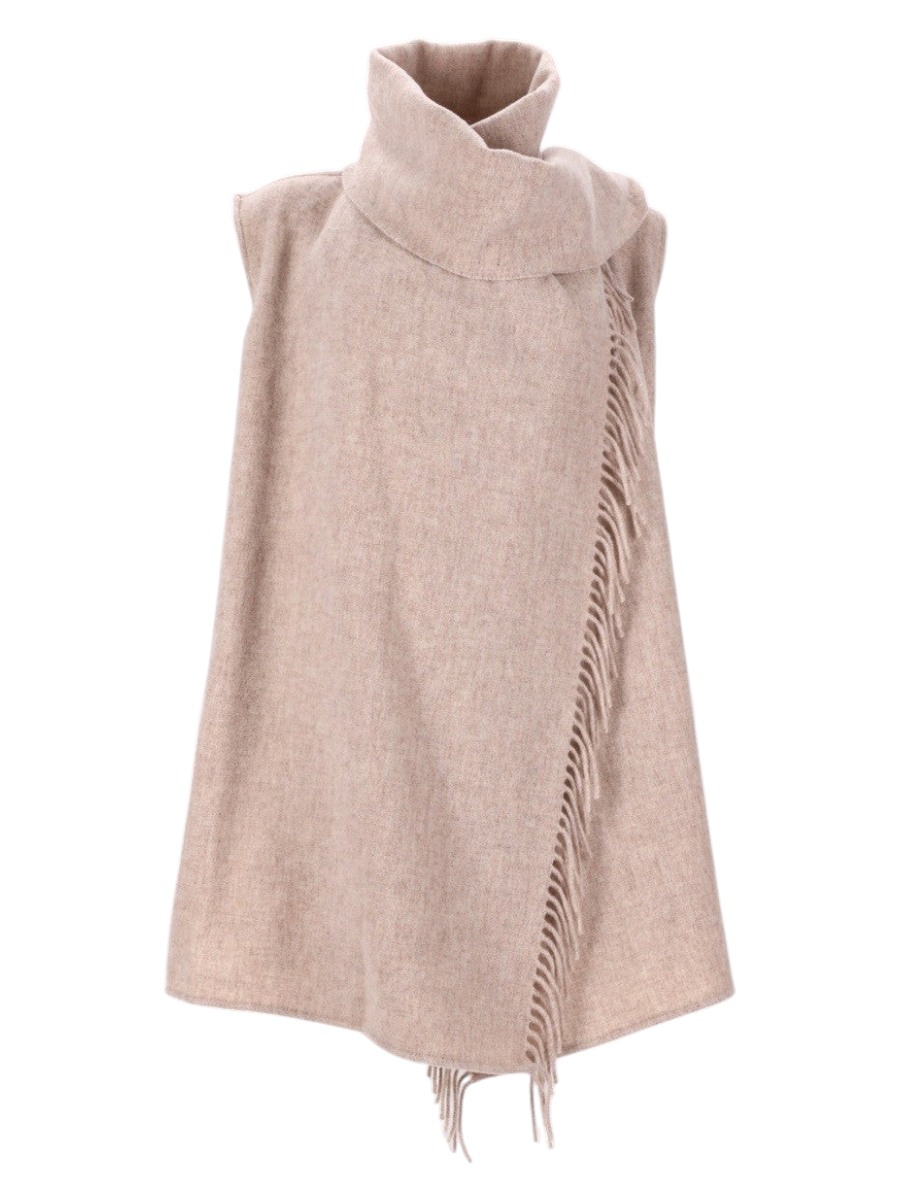 Klosmo Fabiana Filippi beige wool blend gilet with integrated scarf and fringe detail
