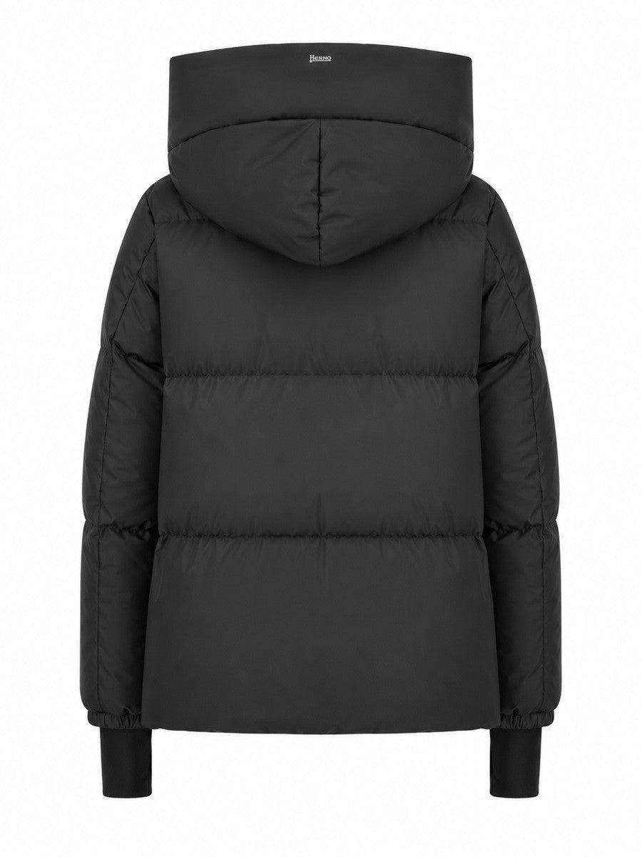 Herno black hooded puffer jacket for women with a full front zipper, horizontal quilting, zippered hand pockets, and elasticized cuffs.