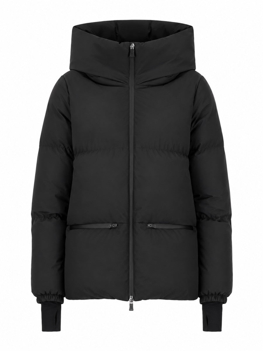 Herno black hooded puffer jacket for women with a full front zipper, horizontal quilting, zippered hand pockets, and elasticized cuffs.