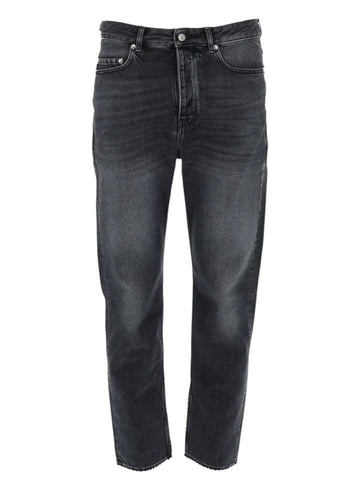 Golden Goose black washed regular fit jeans with five-pocket design, front button closure and straight-leg silhouette on white background.