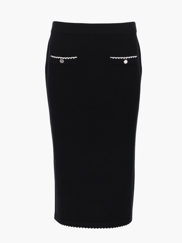Klosmo Tory Burch black wool blend midi skirt with white trim and decorative buttoned pockets