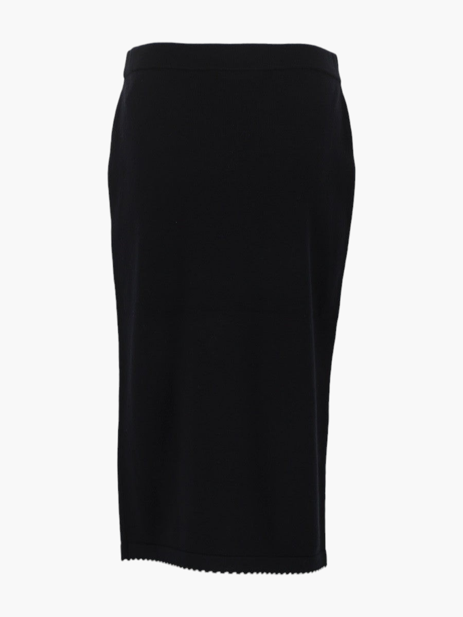 Klosmo Tory Burch black wool blend midi skirt with a subtle scalloped hem detail