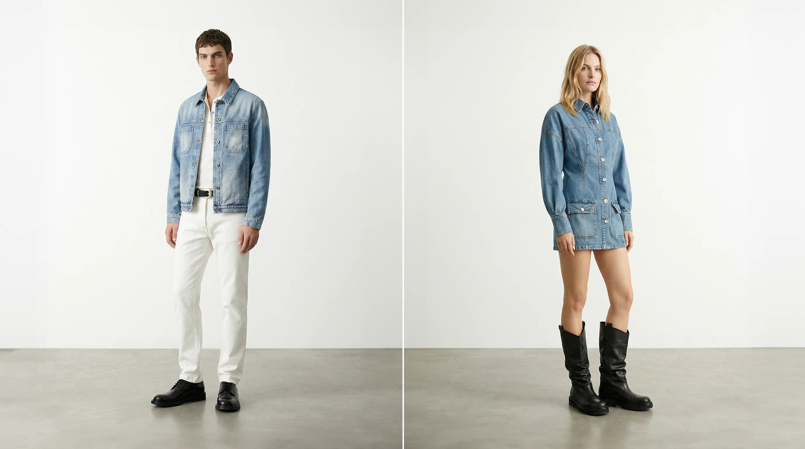 Two people wearing denim jackets, one on a plain background, the other with a white background.slider_item_XNwQNw