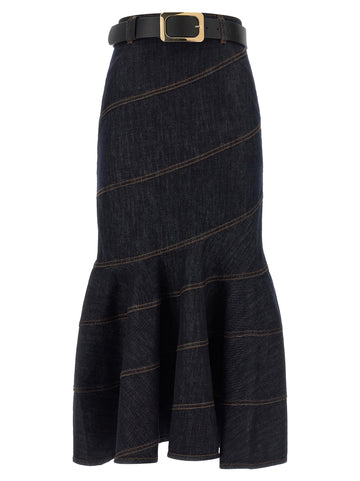 SELF-PORTRAIT - 'Indigo Denim Belted Midi' skirt