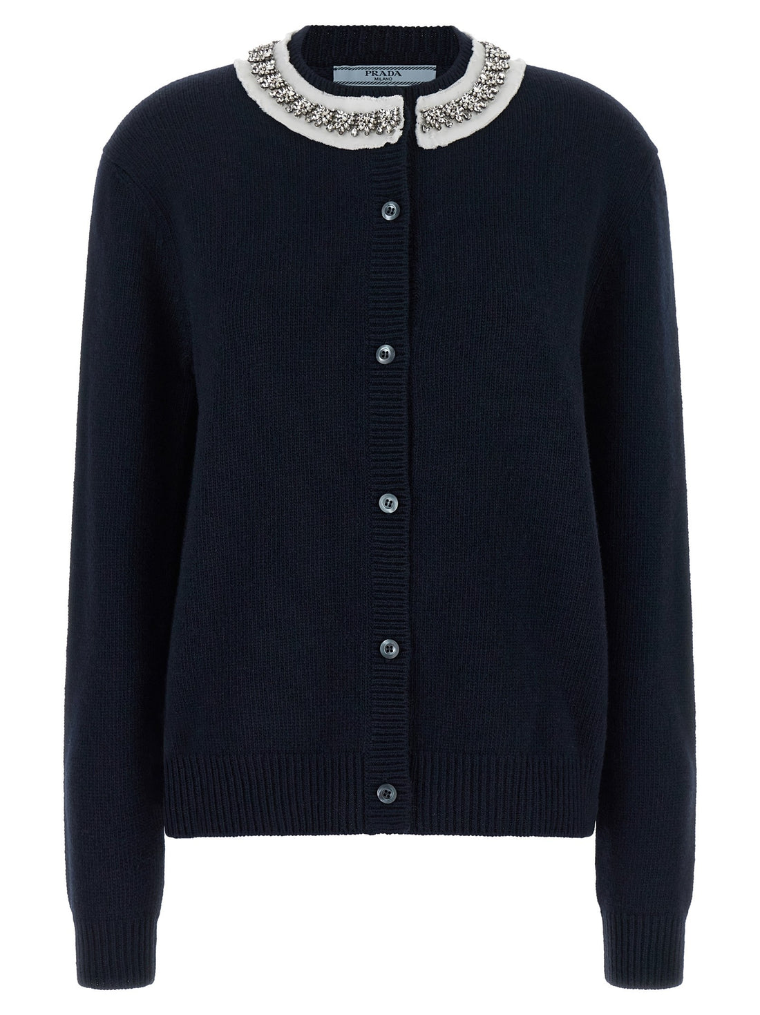 PRADA - Jewel Collar Wool and Cashmere Cardigan Blue 40 IT
