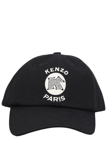Front view of the Kenzo black baseball cap featuring the embroidered Kenzo Paris logo on the structured cotton crown.