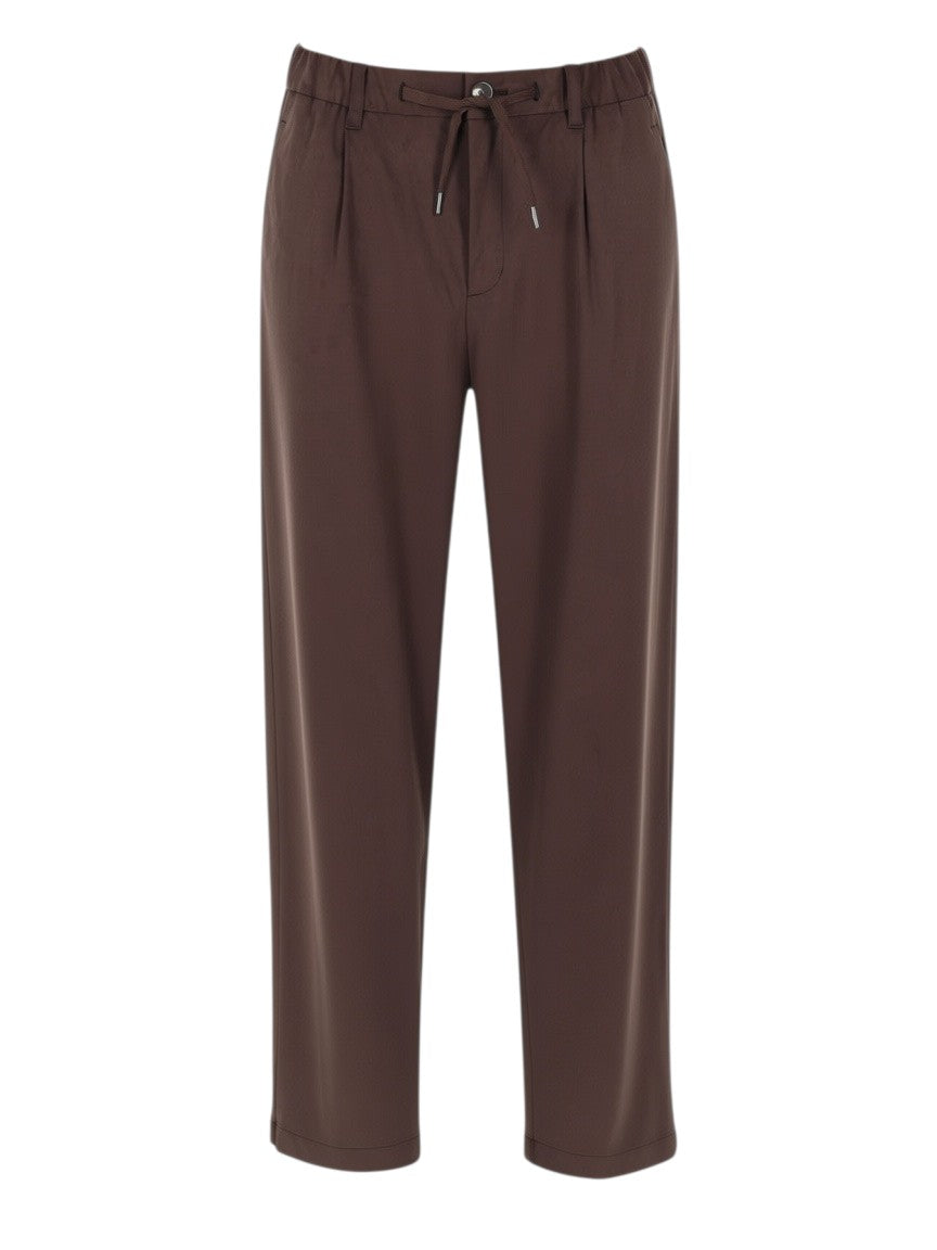 Klosmo Herno Resort brown polyester blend trousers with an elasticated drawstring waist and straight leg fit.