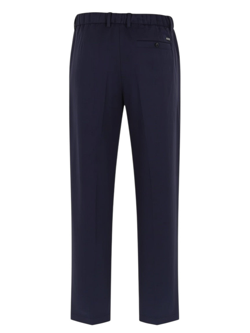 Klosmo Herno Resort navy blue polyester blend trousers with an elasticated waistband and back pocket